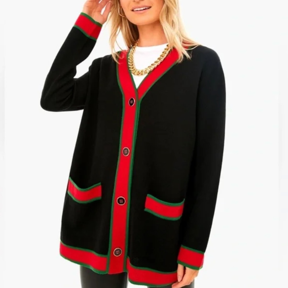 Tuckernuck Black Cardigan with Red and Green Trim